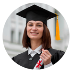 A graduate student in a graduate attire with a diploma